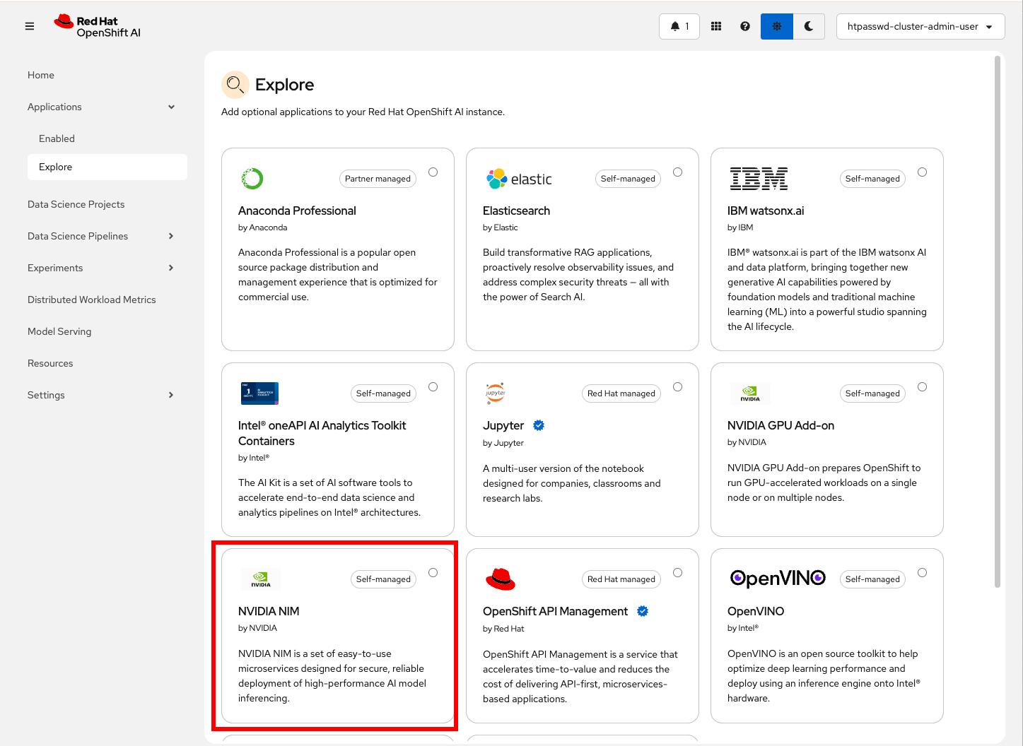 Figure2: Locate NVIDIA NIM app in your OpenShift AI instance.