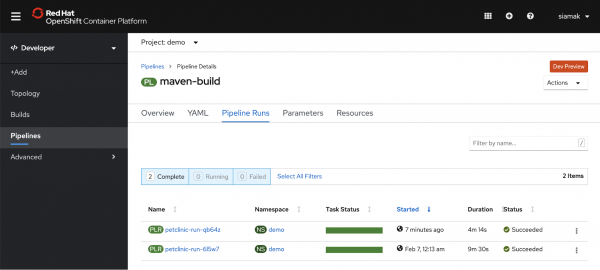 OpenShift Console Red Hat OpenShift Container Platform -> Developer -> Pipelines -> Pipeline Details