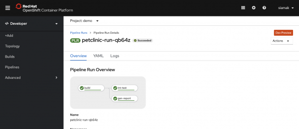 OpenShift Console Red Hat OpenShift Container Platform -> Developer -> Pipelines -> Pipeline Runs -> Pipeline Run Details