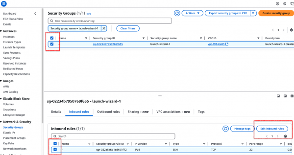 Adding new rule to allow SSH access to the EC2 instance.