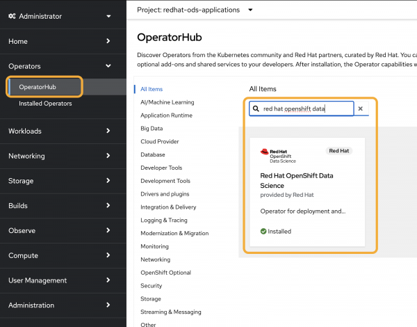Searching for the Red Hat OpenShift Data Science operator in OperatorHub.